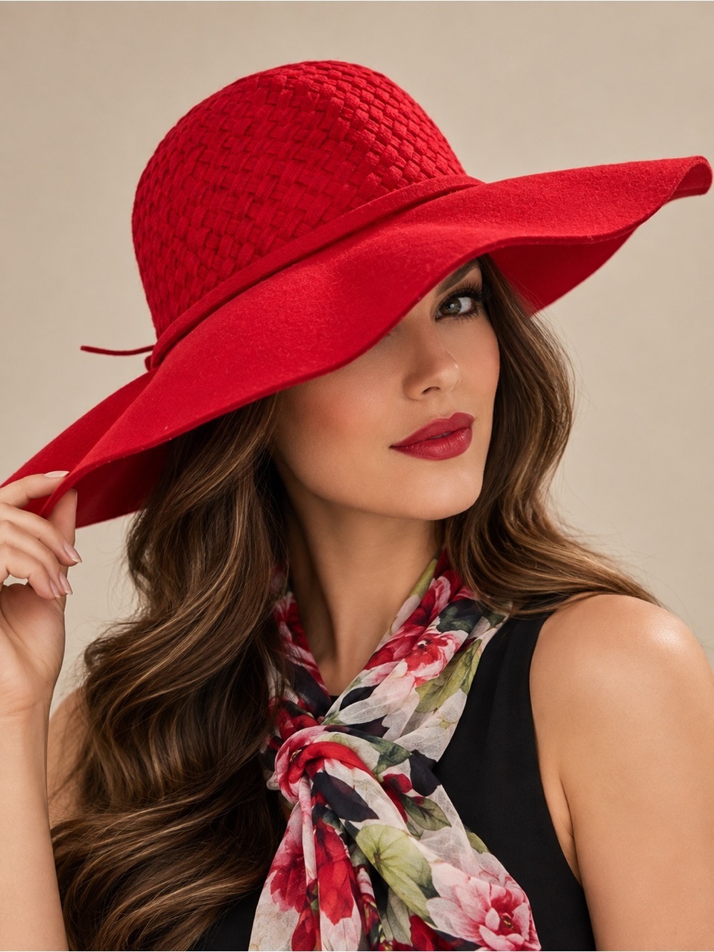 Red Floppy Woven Wool Hat, One Size, Fall Winter, Church, Casual